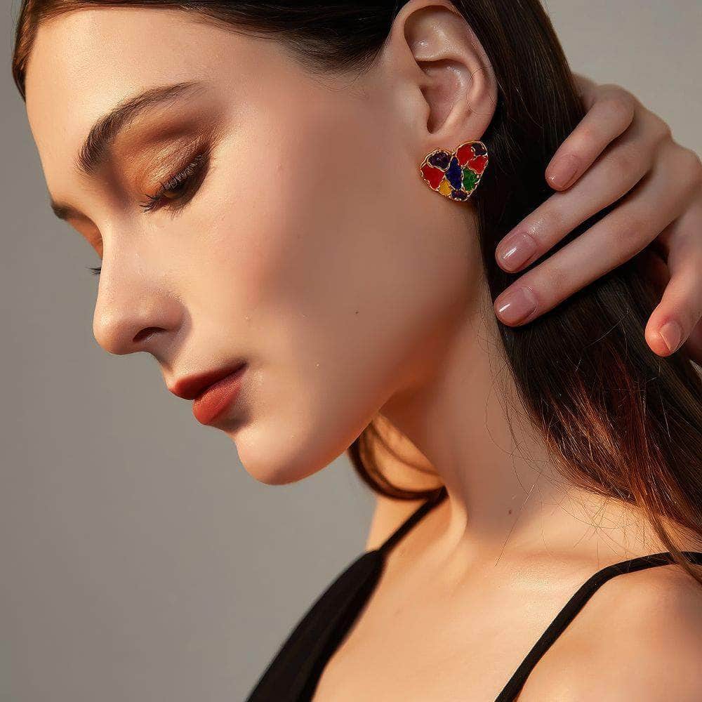 14K Gold Multistone Vintage Enamel Heart Statement Earrings