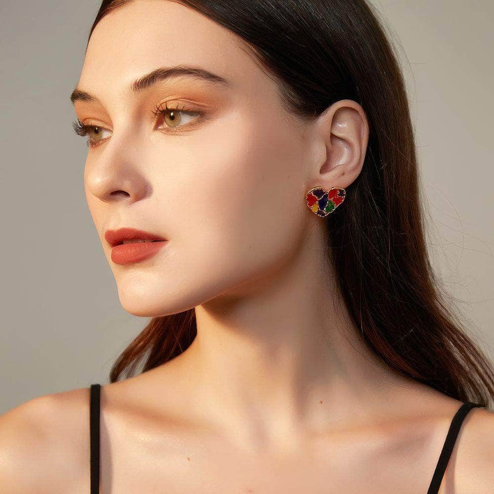 14K Gold Multistone Vintage Enamel Heart Statement Earrings
