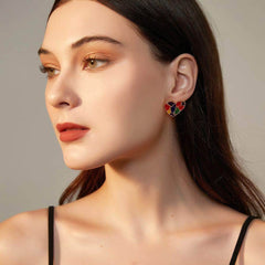 14K Gold Multistone Vintage Enamel Heart Statement Earrings