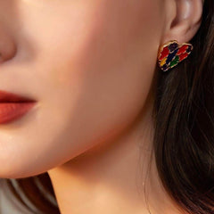 14K Gold Multistone Vintage Enamel Heart Statement Earrings