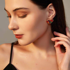 14K Gold Multistone Vintage Enamel Heart Statement Earrings