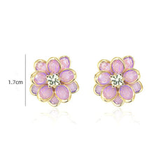 14K Gold Opal Rhinestone Decor Floral Detailed Earrings