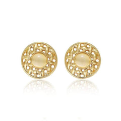 14K Gold Ornate Pearl Studded Earrings Gold / Clip On