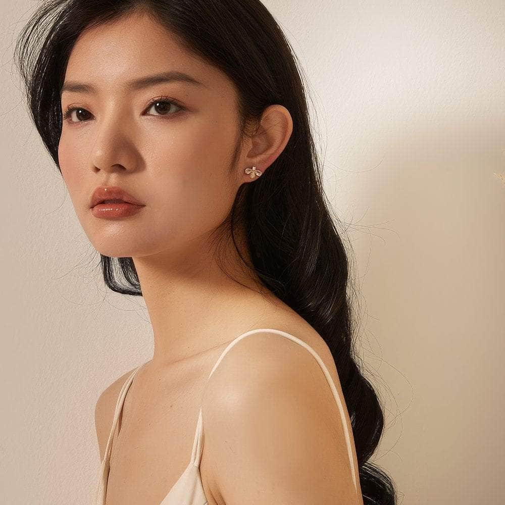 14K Gold Paved Crystal Bee Stud Earrings