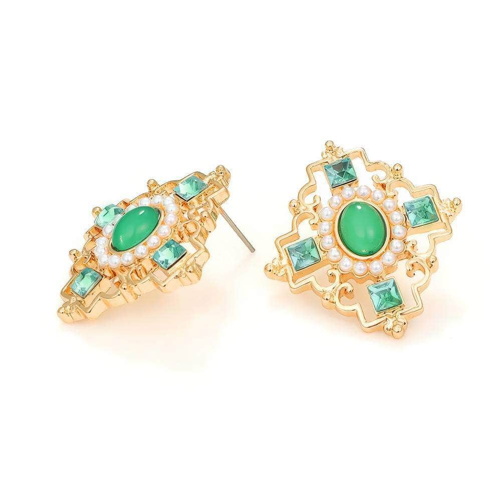 14k Gold Paved Crystal Gemstone Pearl Decor Statement Earrings Green