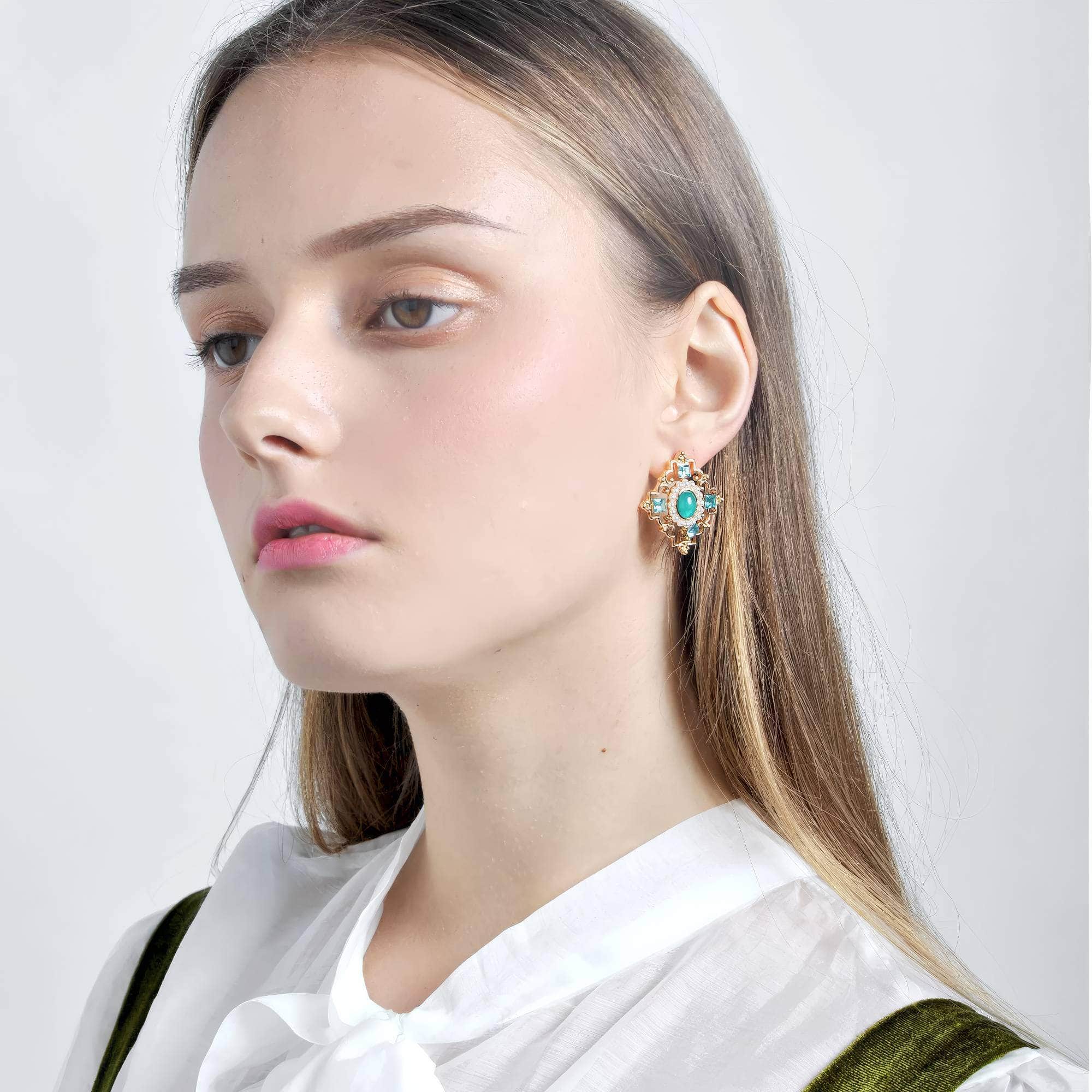 14k Gold Paved Crystal Gemstone Pearl Decor Statement Earrings Green