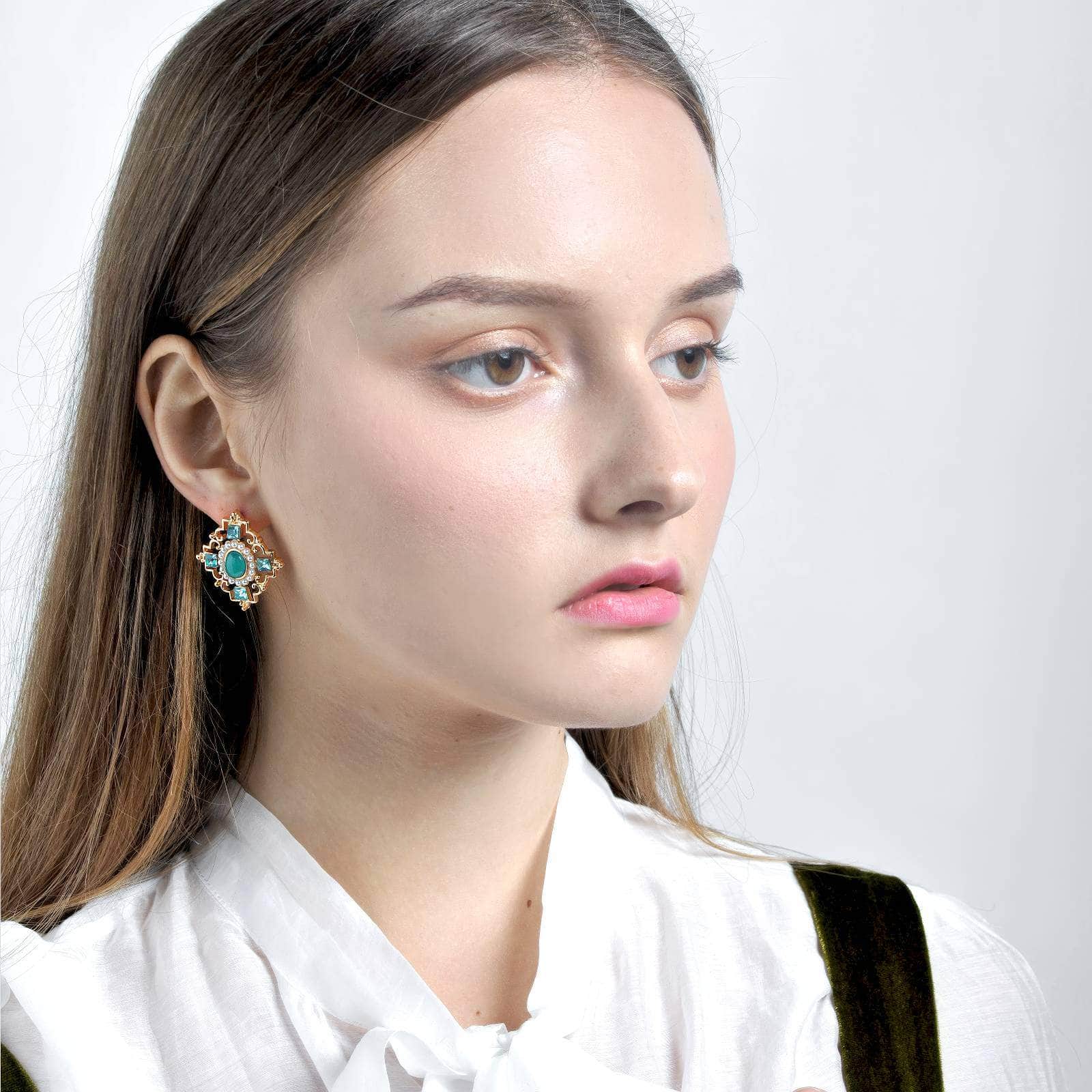 14k Gold Paved Crystal Gemstone Pearl Decor Statement Earrings Green