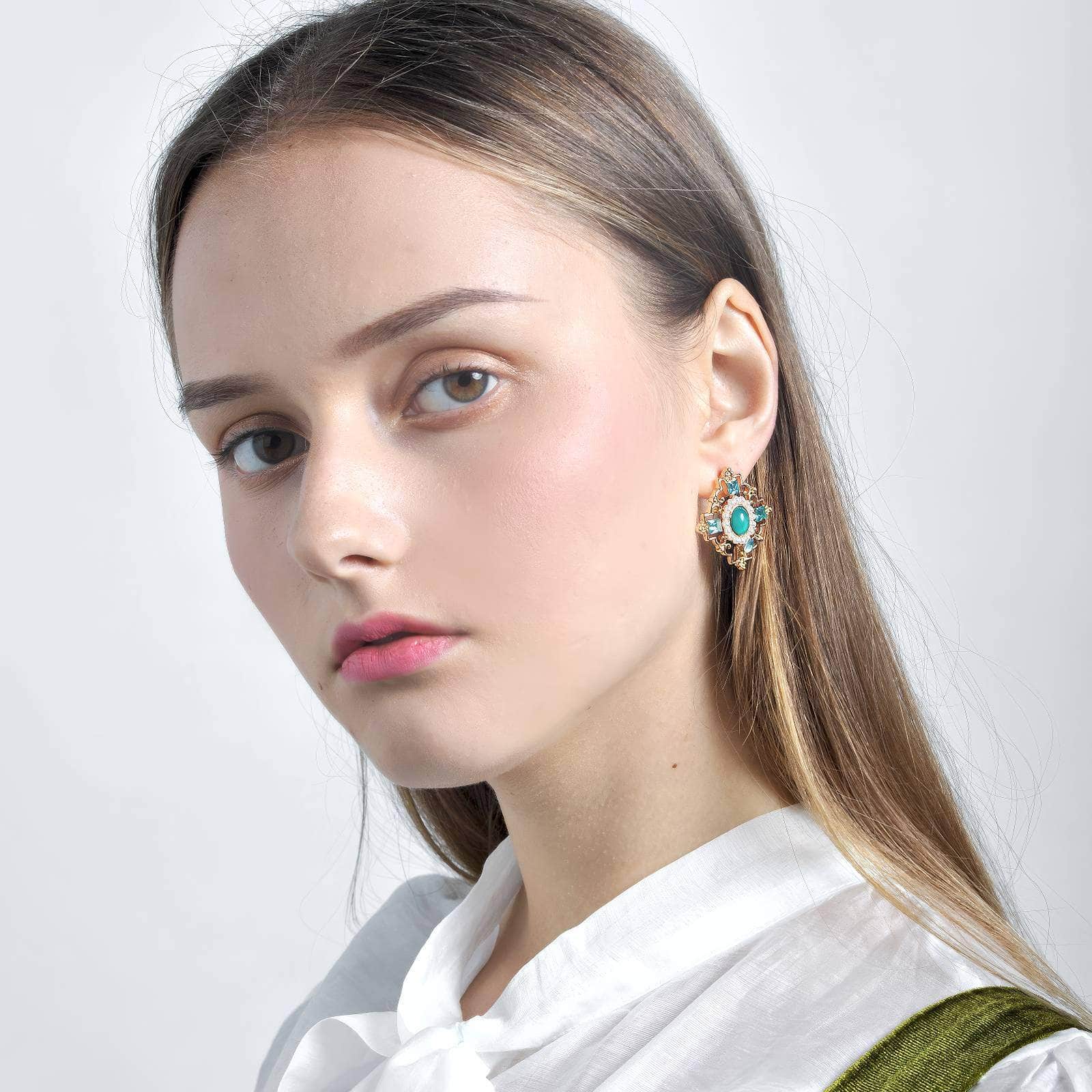 14k Gold Paved Crystal Gemstone Pearl Decor Statement Earrings Green