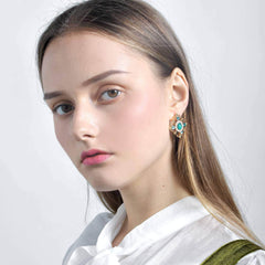 14k Gold Paved Crystal Gemstone Pearl Decor Statement Earrings Green