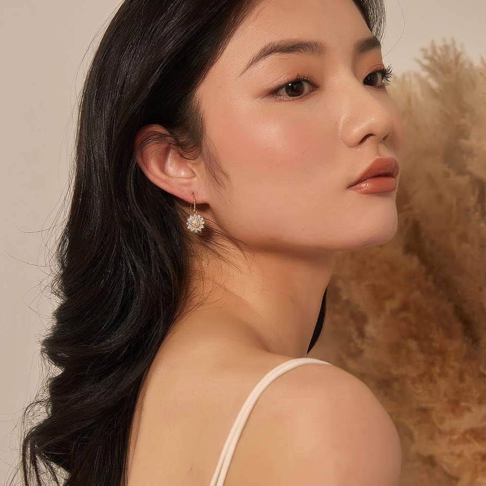 14k Gold Paved Crystal Honeycomb Floral Dangle Earrings White / Hook On