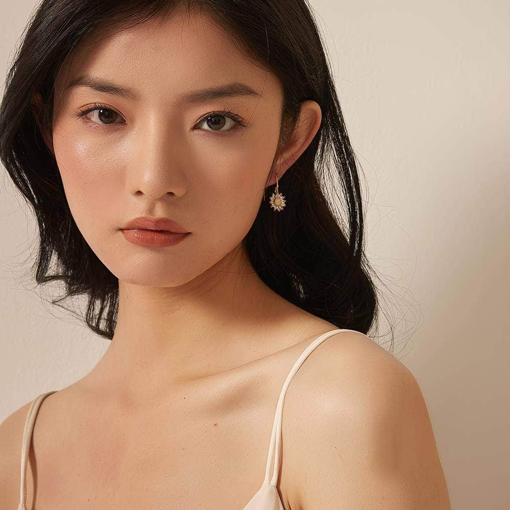 14k Gold Paved Crystal Honeycomb Floral Dangle Earrings White / Hook On