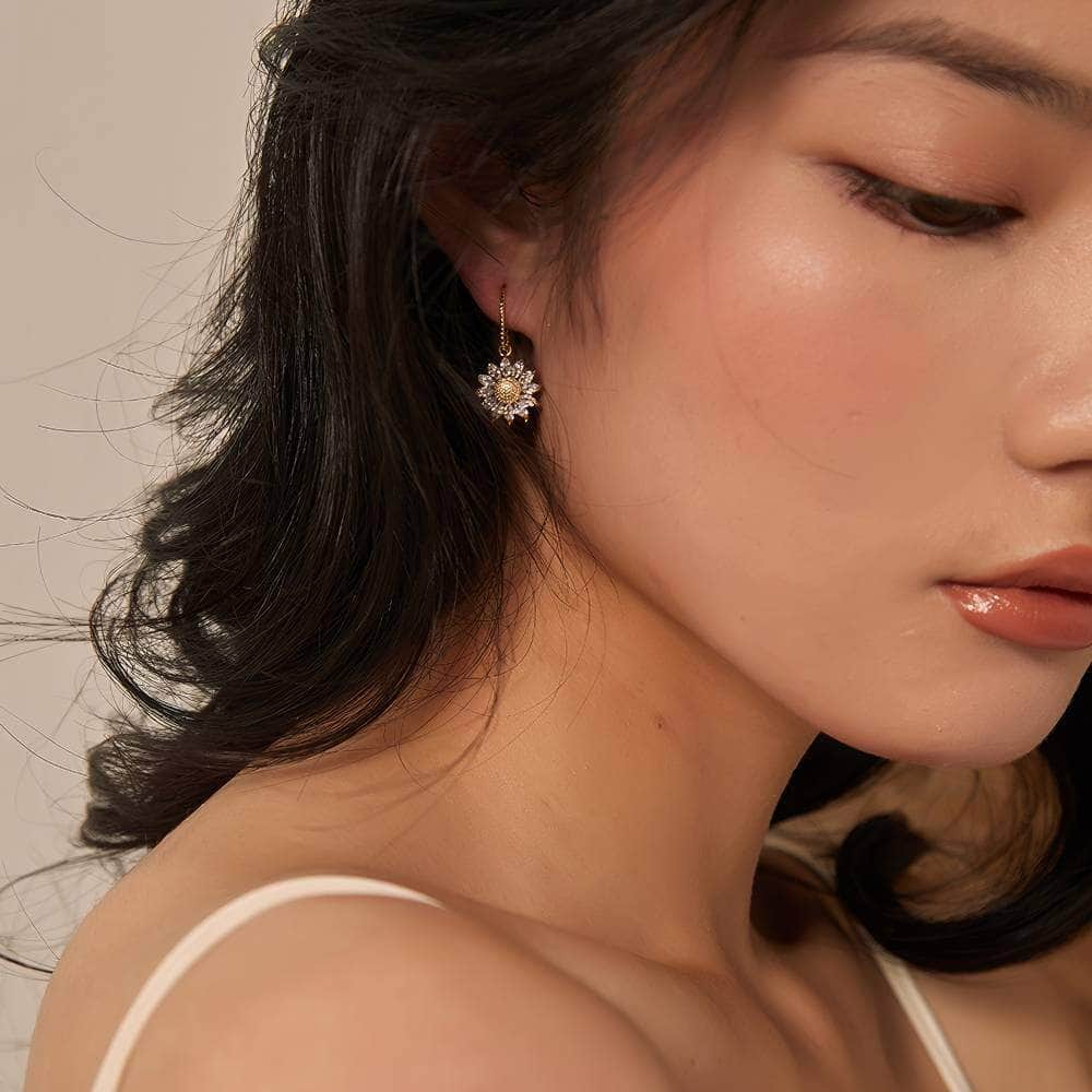 14k Gold Paved Crystal Honeycomb Floral Dangle Earrings White / Hook On