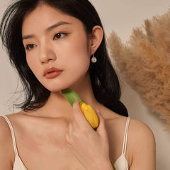 14k Gold Paved Crystal Honeycomb Floral Dangle Earrings White / Hook On