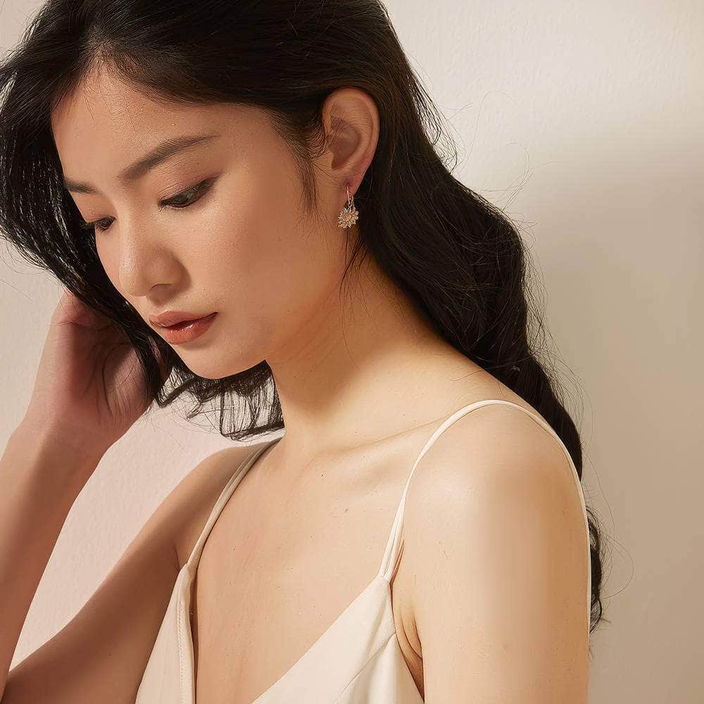 14k Gold Paved Crystal Honeycomb Floral Dangle Earrings White / Hook On