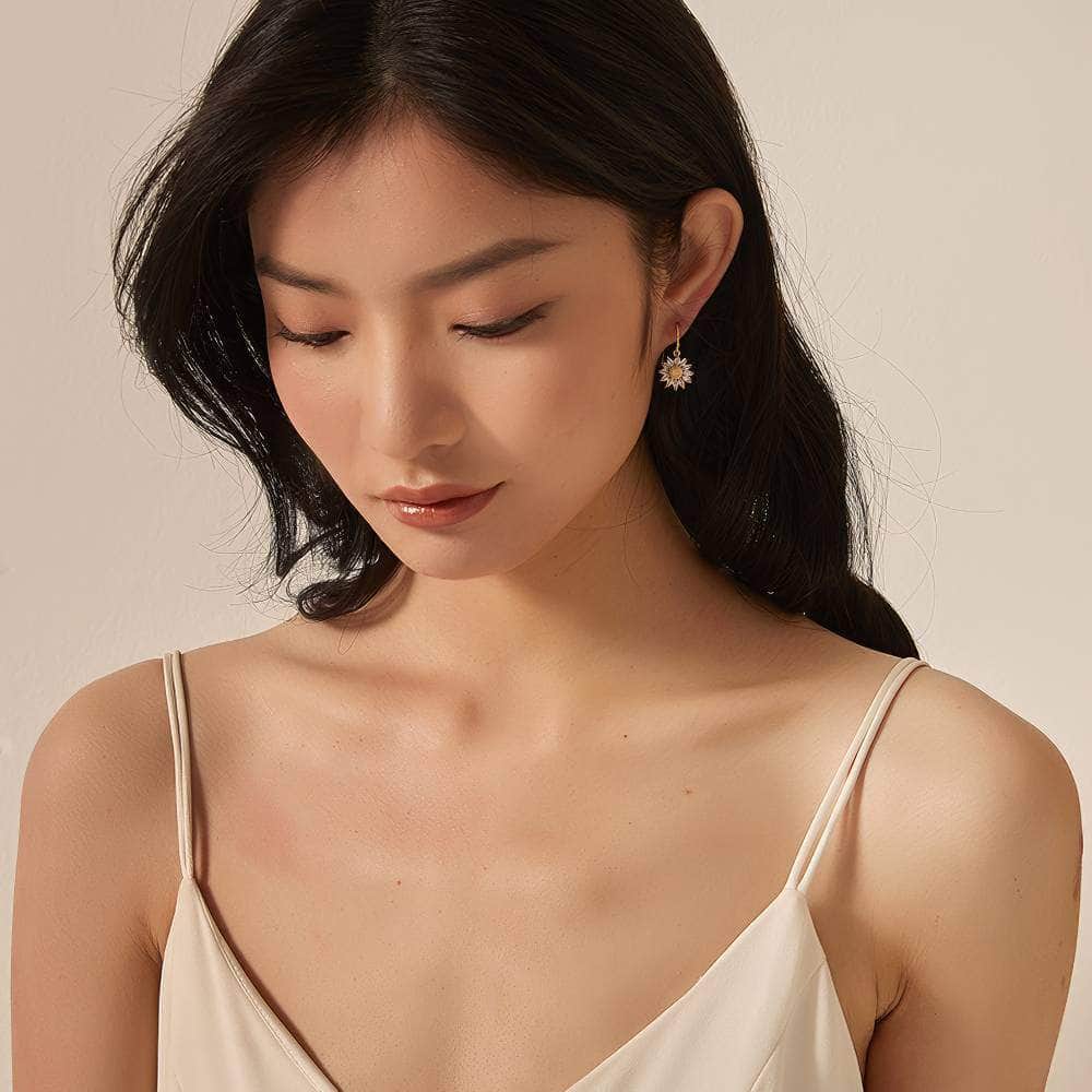 14k Gold Paved Crystal Honeycomb Floral Dangle Earrings White / Hook On