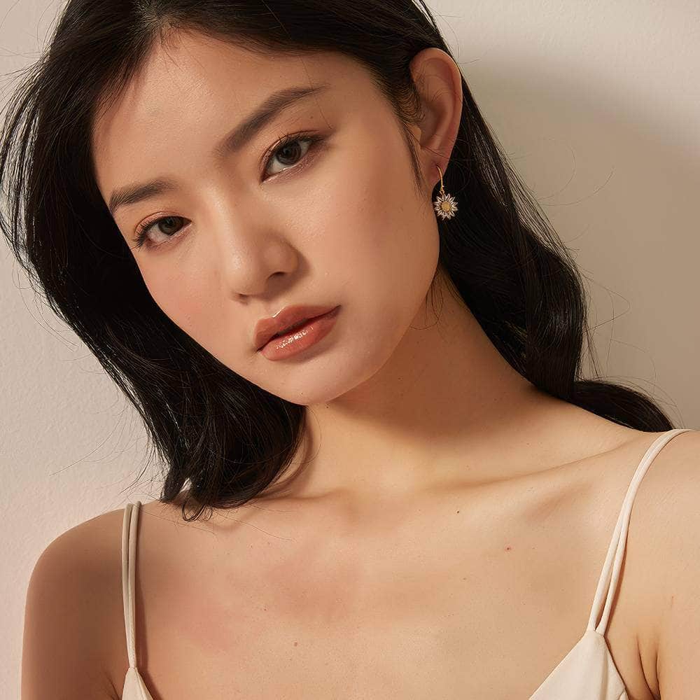 14k Gold Paved Crystal Honeycomb Floral Dangle Earrings White / Hook On