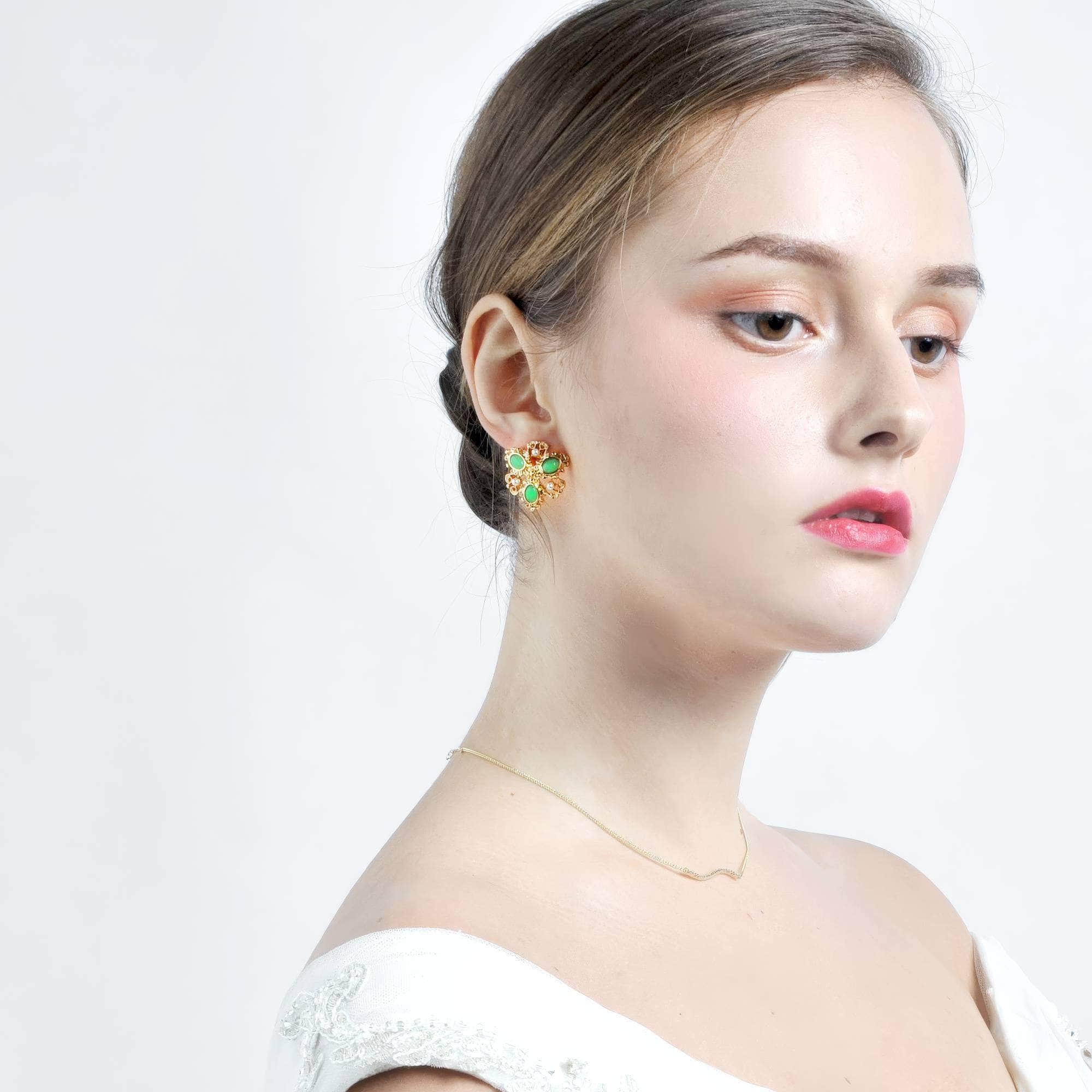 14k Gold Paved Crystal Pearl Green Opal Earrings YellowGreen / Clasp