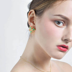 14k Gold Paved Crystal Pearl Green Opal Earrings YellowGreen / Clasp