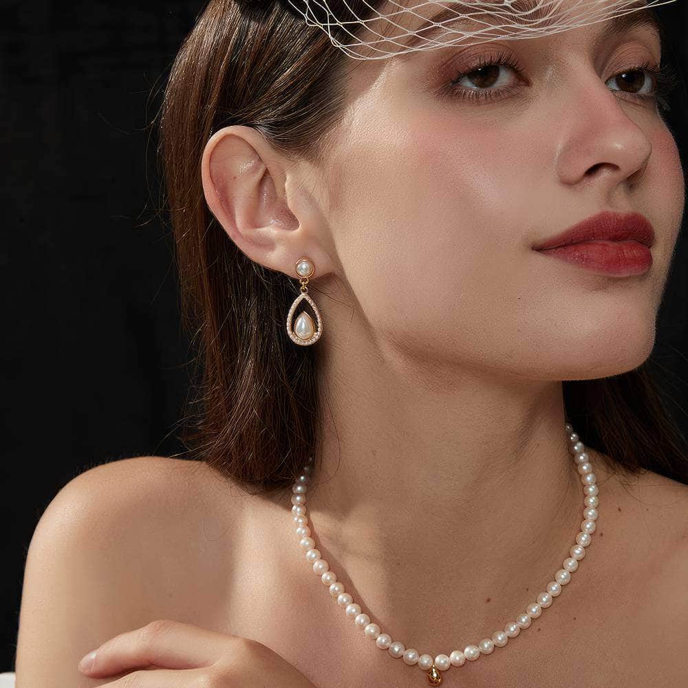 14K Gold Paved Crystal Pearl Teardrop Earrings