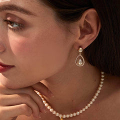 14K Gold Paved Crystal Pearl Teardrop Earrings