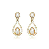 14K Gold Paved Crystal Pearl Teardrop Earrings White / Clip On