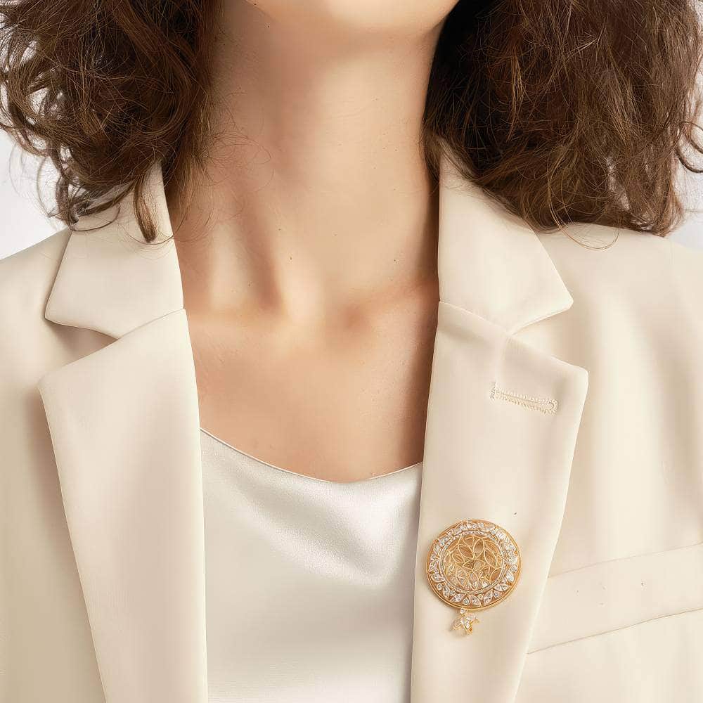 14k Gold Paved Crystal Round Teardrop Brooch White