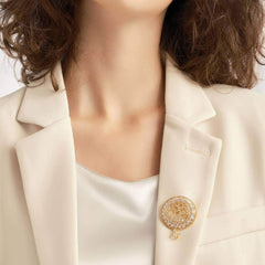 14k Gold Paved Crystal Round Teardrop Brooch White