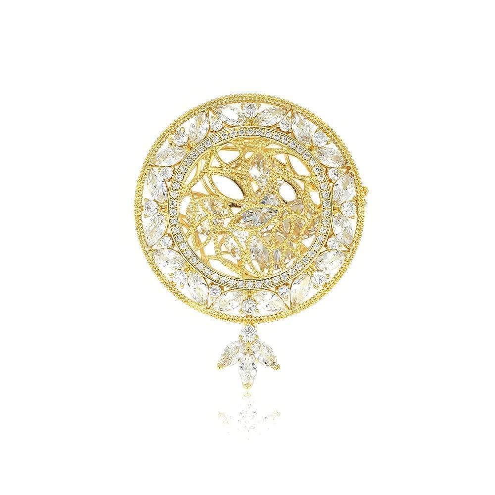 14k Gold Paved Crystal Round Teardrop Brooch White