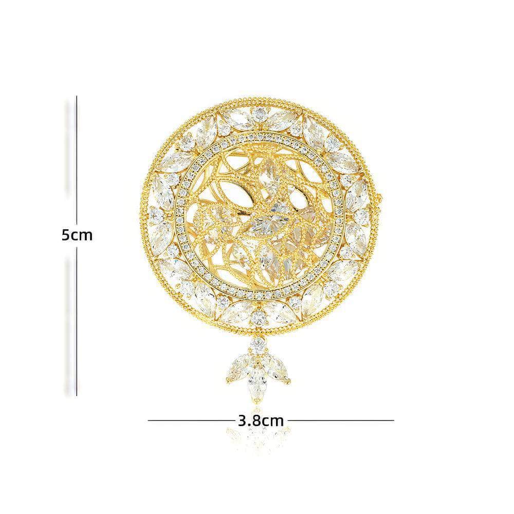 14k Gold Paved Crystal Round Teardrop Brooch White