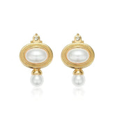14K Gold Pearl Bezel Rhinestone Drop Earrings White / Cascade / Clip On