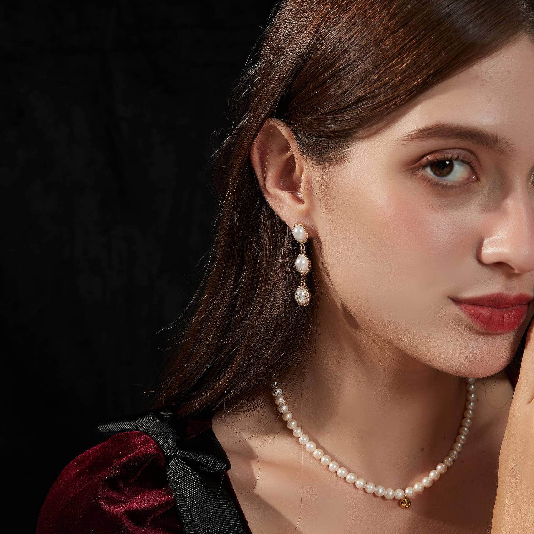 14k Gold Pearl Dangle Chain Twist Earrings Ivory