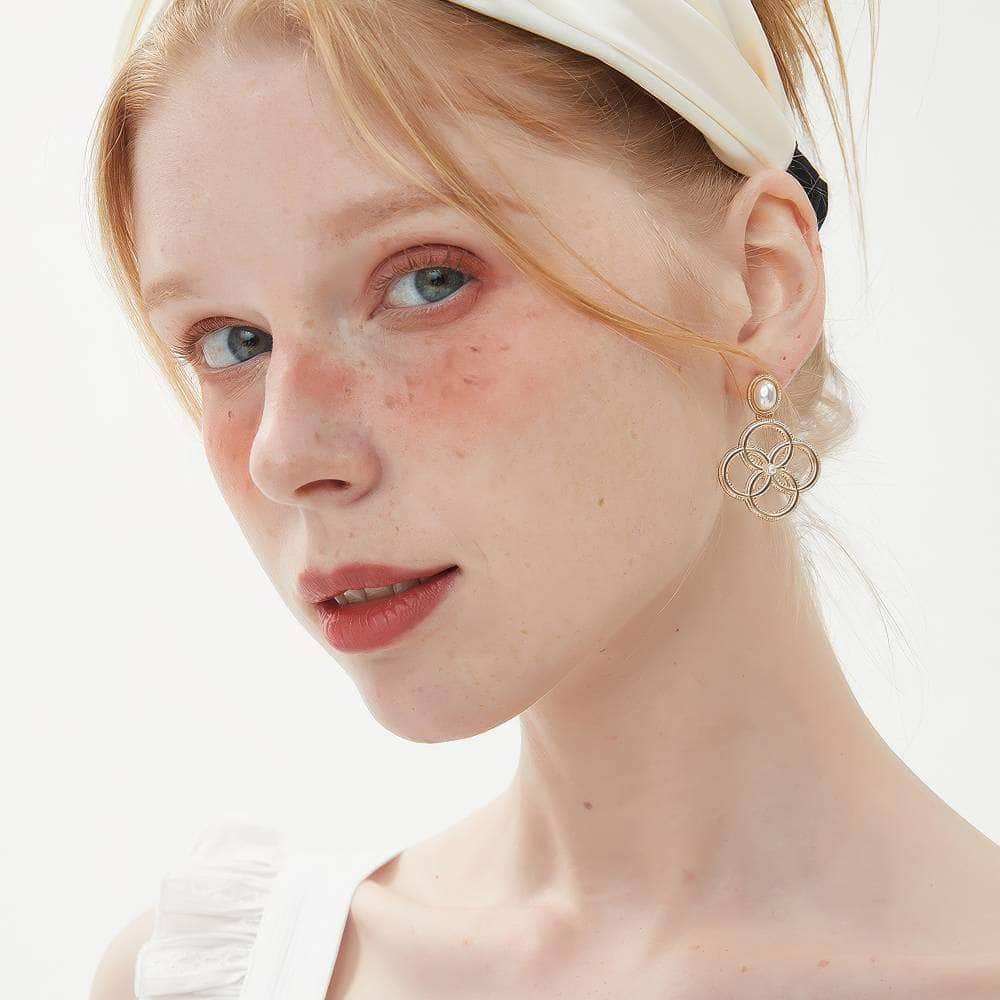 14k Gold Pearl Deco Dangle Golden Loop Earrings Gold / Clip On