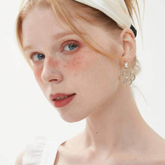 14k Gold Pearl Deco Dangle Golden Loop Earrings Gold / Clip On