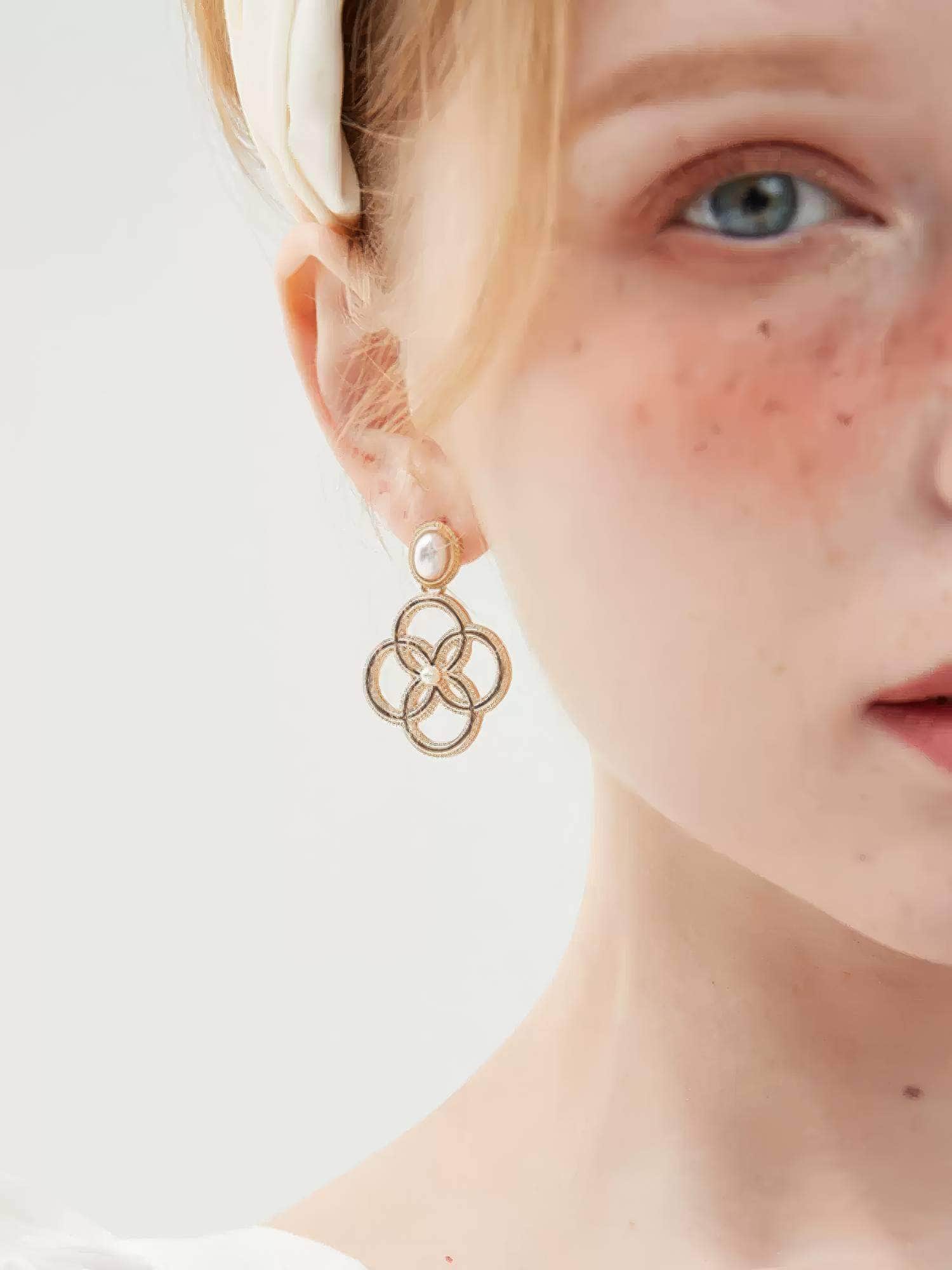 14k Gold Pearl Deco Dangle Golden Loop Earrings Gold / Clip On