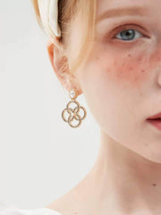 14k Gold Pearl Deco Dangle Golden Loop Earrings Gold / Clip On