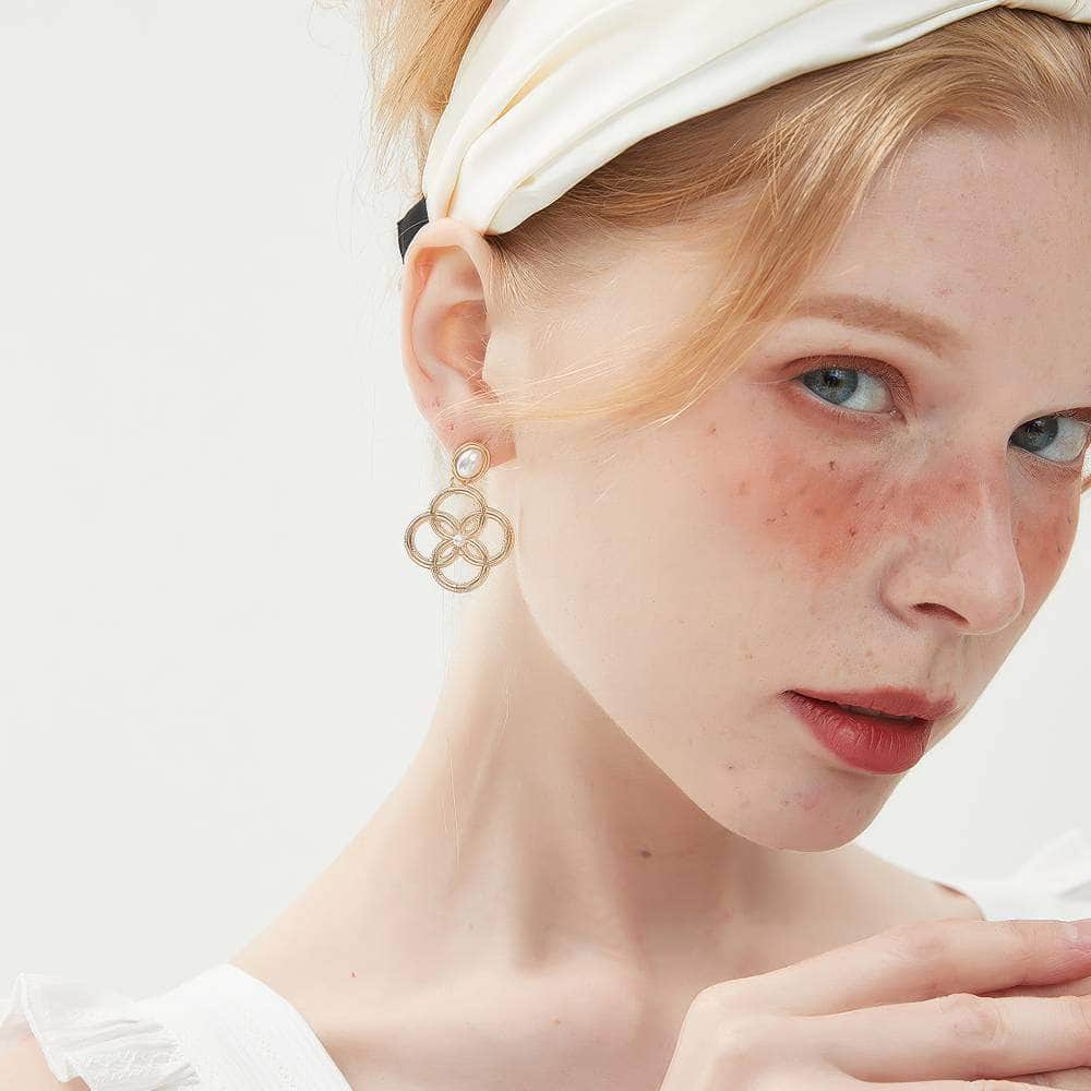 14k Gold Pearl Deco Dangle Golden Loop Earrings Gold / Clip On