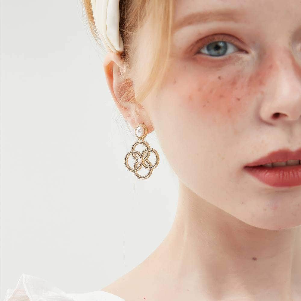 14k Gold Pearl Deco Dangle Golden Loop Earrings Gold / Clip On