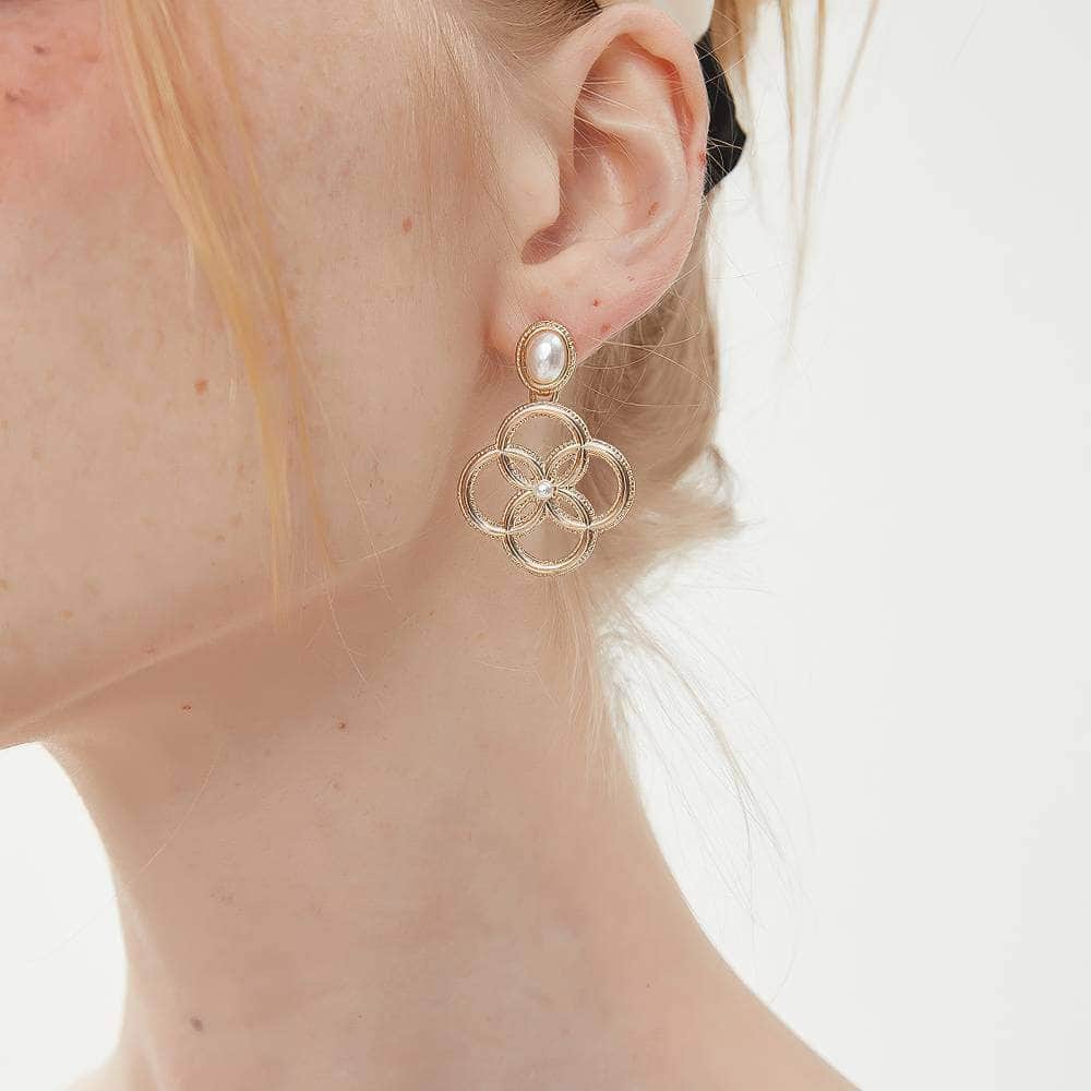 14k Gold Pearl Deco Dangle Golden Loop Earrings Gold / Clip On