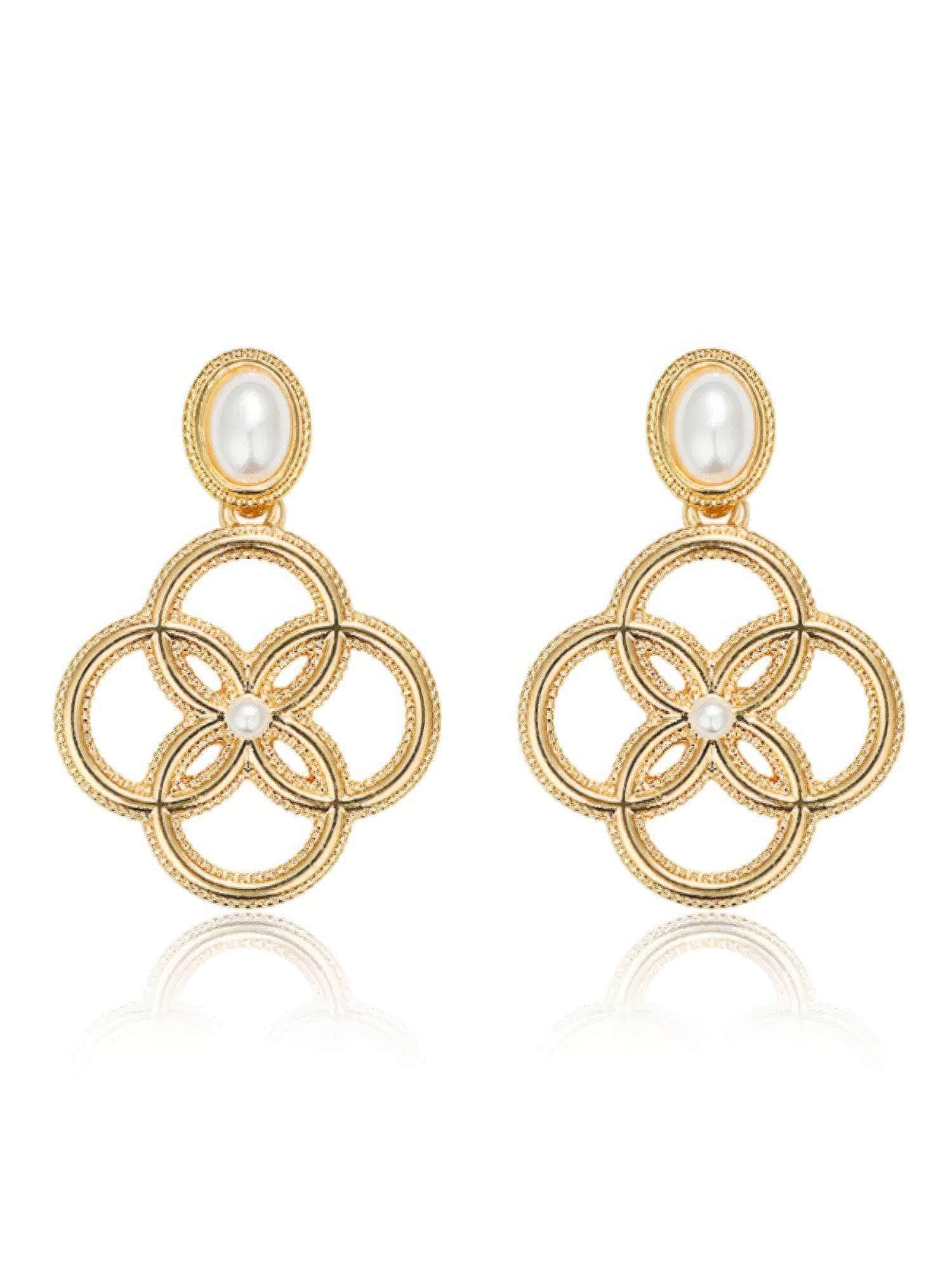 14k Gold Pearl Deco Dangle Golden Loop Earrings Gold / Clip On