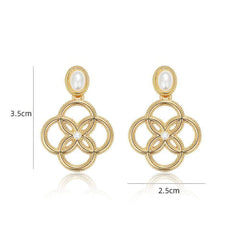 14k Gold Pearl Deco Dangle Golden Loop Earrings Gold / Clip On