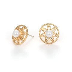 14k Gold Pearl Decor Floral Statement Earrings Gold / Clip On