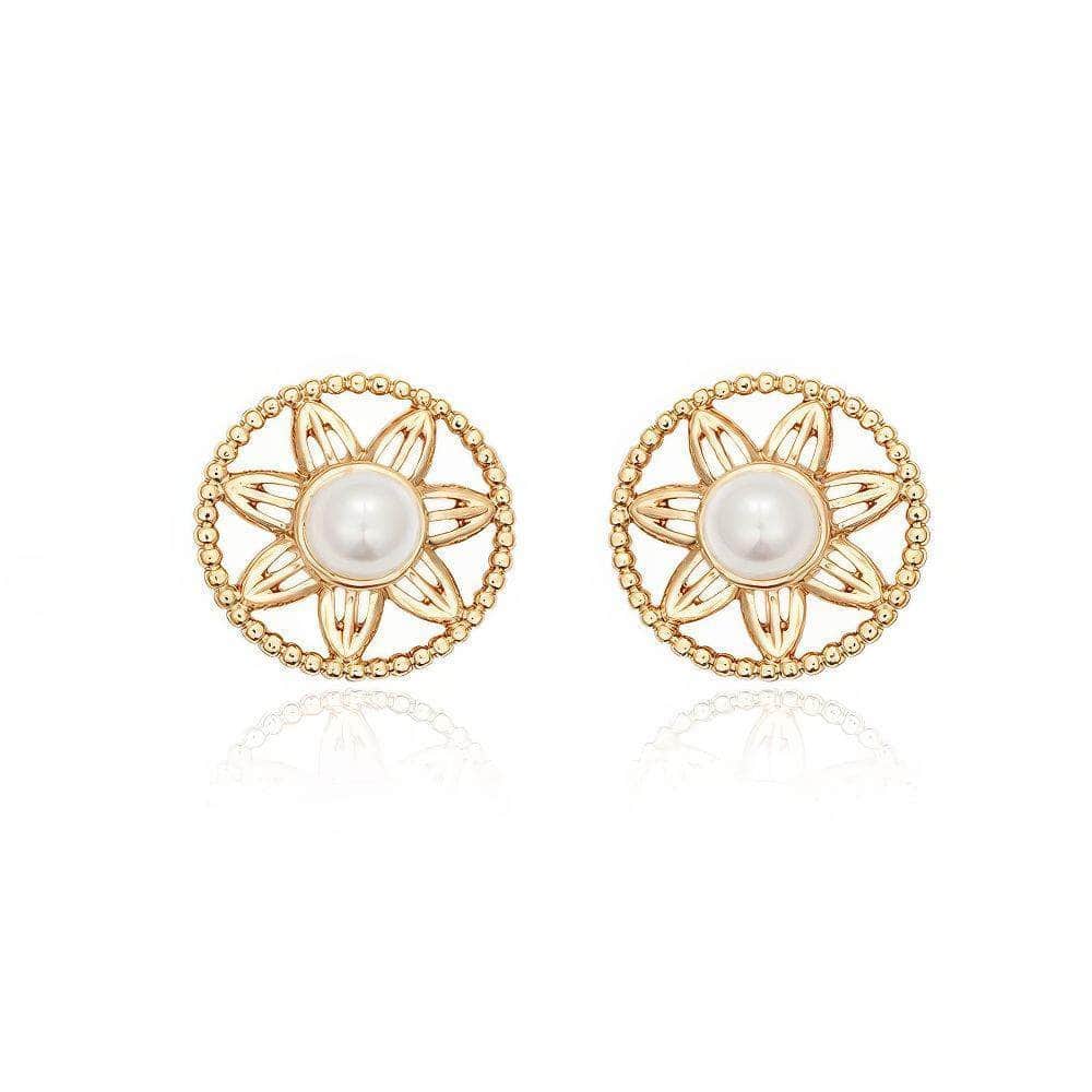 14k Gold Pearl Decor Floral Statement Earrings Gold / Clip On