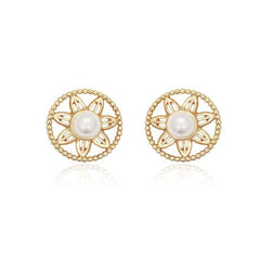 14k Gold Pearl Decor Floral Statement Earrings Gold / Clip On