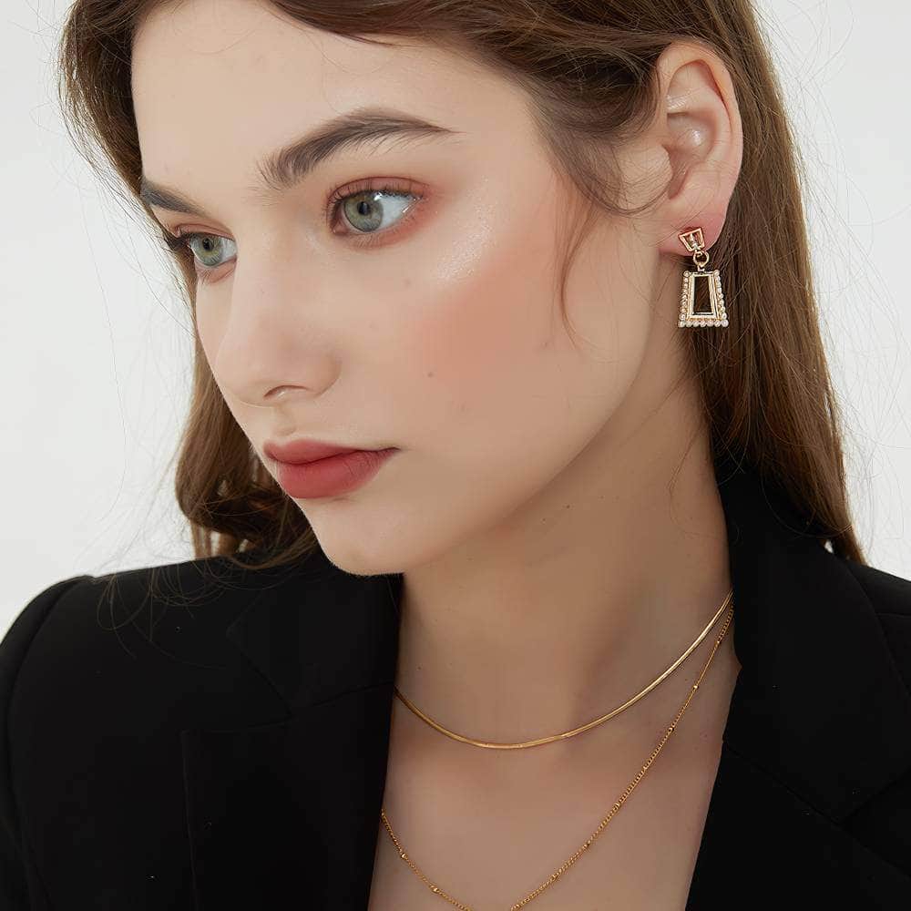 14k Gold Pearl Decor Trapezoid Dangle Earrings Gold / Clip On