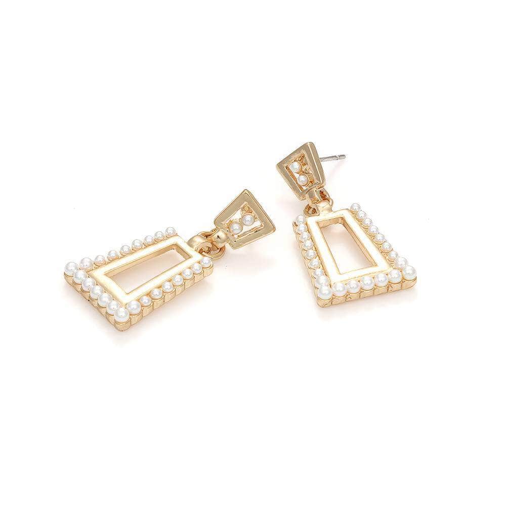 14k Gold Pearl Decor Trapezoid Dangle Earrings Gold / Clip On