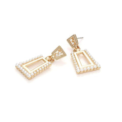 14k Gold Pearl Decor Trapezoid Dangle Earrings Gold / Clip On