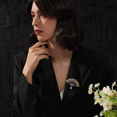 14K Gold Pearl Embellished Crystal Vintage Fan Brooch Blue