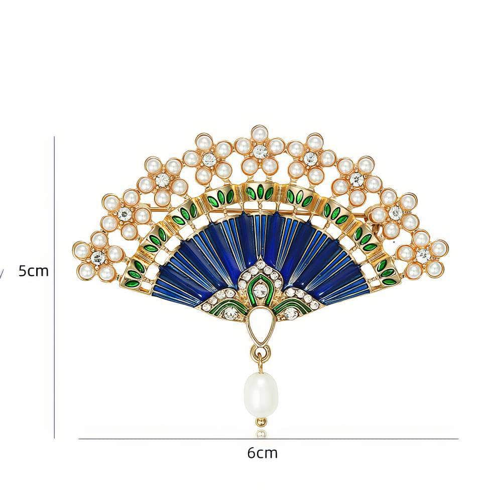 14K Gold Pearl Embellished Crystal Vintage Fan Brooch Blue