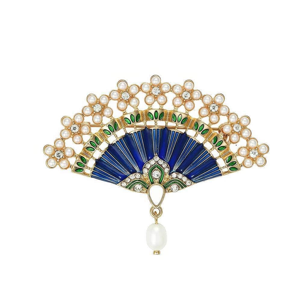 14K Gold Pearl Embellished Crystal Vintage Fan Brooch Blue