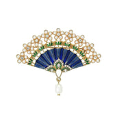 14K Gold Pearl Embellished Crystal Vintage Fan Brooch Blue